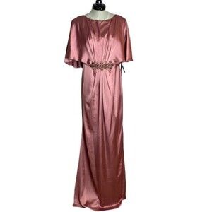 NWT Adrianna Papell Draped Cape Dusty Rose Silky Rhinestone Wedding Dress Size 6